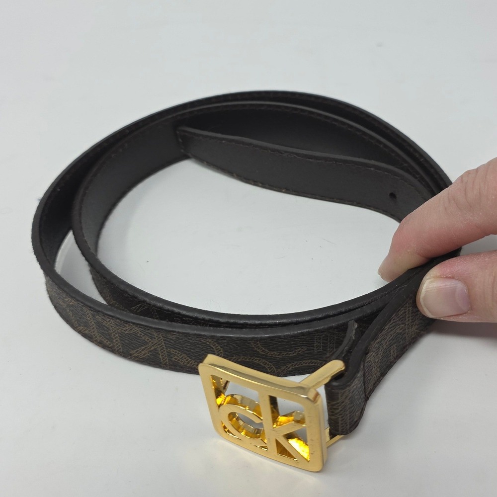 Calvin Klein Monogram Belt Women Medium Brown Gold CK Logo Buckle 611233